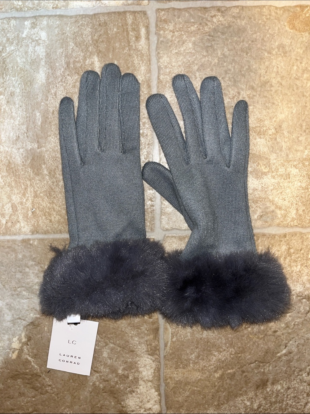 NWT LC Lauren Conrad Charcoal Gray Knit Gloves with Faux Fur Trim